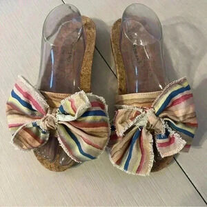 Lucky Brand Floella Striped Canvas Bow Cork Slides Sandals Size 8